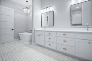 custom bathroom with dual vanity